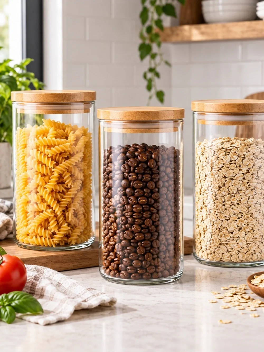 (3 pack )Glass Pantry Jar with Bamboo Lid - Clear and Natural (34 OZ)